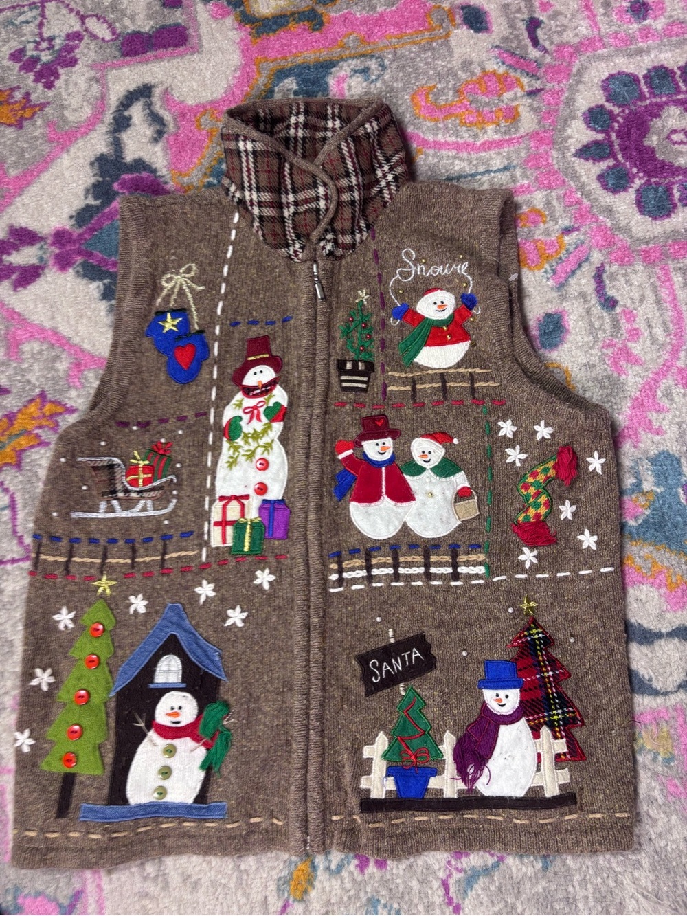 Vintage Studio Joy Snowman Christmas Sweater Vest Wool Ramie Zip Medium M felt